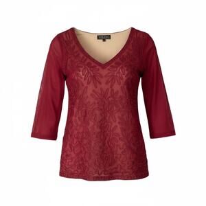 VELENO New York Womens Large Wine Embroidered Mesh Blouse Sheer 3/4 Sleeve NWT